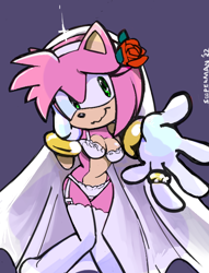 Size: 538x705 | Tagged: suggestive, artist:sooperman, amy rose (sonic), hedgehog, mammal, anthro, sega, sonic the hedgehog (series), 2022, 5 fingers, artist name, bra, bracelet, breasts, bridal lingerie, cleavage, clothes, countershade torso, countershading, cute, dress, eulipotyphlan, eyelashes, female, fingers, flower, flower in hair, gloves, green eyes, hair, hair accessory, hairband, hand on face, handwear, jewelry, knock-kneed, legwear, lingerie, looking at you, medium breasts, multicolored body, multicolored face, multicolored skin, nervous smile, panties, pink body, pink hair, pink skin, plant, portrait, ring, rose, short hair, skin, smiling, smiling at you, solo, solo female, standing, tan body, tan countershading, tan skin, thigh highs, three-quarter view, two toned body, underwear, veil, wedding dress, wedding ring, wedding veil, white clothing, white gloves, white legwear, white panties, white underwear, wholesome