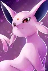 Size: 800x1184 | Tagged: safe, artist:vermeilbird, eeveelution, espeon, fictional species, mammal, feral, nintendo, pokémon, 2d, ambiguous gender, fur, looking at you, on model, pink body, pink fur, solo, solo ambiguous