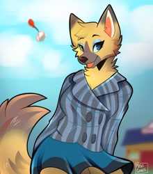 Size: 1126x1280 | Tagged: safe, artist:rosepuppies, vivian (animal crossing), canine, mammal, wolf, anthro, animal crossing, nintendo, 2d, balloon, bottomwear, clothes, female, gift, looking at you, open mouth, skirt, solo, solo female