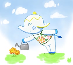 Size: 1280x1149 | Tagged: safe, artist:luvshxt, tia (animal crossing), elephant, mammal, semi-anthro, animal crossing, nintendo, 2d, cloud, cute, eyes closed, female, flower, plant, smiling, solo, solo female, ungulate, watering can