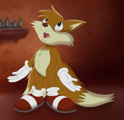 Size: 909x879 | Tagged: safe, artist:funktilda, miles "tails" prower (sonic), canine, fox, mammal, red fox, anthro, sega, sonic the hedgehog (series), sullivan bluth studios, 2d, blue eyes, brown body, brown fur, clothes, dipstick tail, fur, male, multiple tails, open mouth, shoes, solo, solo male, standing, style emulation, tail, two tails