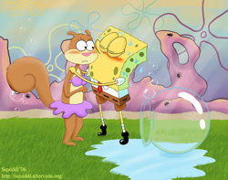 Size: 990x782 | Tagged: safe, artist:stepandy, sandy cheeks (spongebob), spongebob (spongebob), mammal, rodent, sponge (species), squirrel, anthro, nickelodeon, spongebob squarepants (series), 2d, blushing, duo, duo male and female, eyes closed, female, kissing, male, male/female, shipping, spandy (spongebob), this will end in death, this will not end well