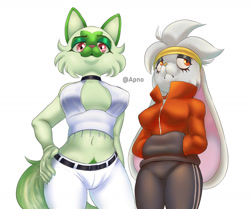 Size: 1280x1072 | Tagged: suggestive, artist:apno, fictional species, raboot, sprigatito, anthro, nintendo, pokémon, spoiler:pokémon gen 9, spoiler:pokémon scarlet and violet, 2022, belly button, bottomwear, breasts, clothes, digital art, duo, duo female, eyelashes, female, females only, fluff, fur, hair, hand on hip, hands in pockets, looking at you, nipple outline, pants, pose, pubic fluff, shirt, simple background, starter pokémon, sweater, tail, thighs, topwear, unamused, wide hips