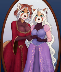 Size: 1082x1280 | Tagged: safe, artist:thecatnamedfish, rapunzel (tangled), oc, oc only, oc:lizabeth (thecatnamedfish), oc:tammy (thecatnamedfish), mammal, red panda, anthro, disney, tangled (disney), 2021, big breasts, bottomwear, breasts, cleavage, clothes, costume, daughter, dress, duo, ear fluff, ear piercing, earring, ears, face markings, female, fluff, freckles, green eyes, hair, halloween, halloween costume, holiday, long hair, mole (marking), mother, mother and daughter, mother gothel (tangled), multicolored hair, piercing, tail, two toned hair