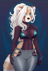 Size: 867x1280 | Tagged: safe, artist:thecatnamedfish, oc, oc:tammy (thecatnamedfish), mammal, red panda, anthro, 2021, absolute cleavage, belly button, bottomwear, bracelet, breasts, cleavage, clothes, ear fluff, ear piercing, earring, ears, female, fluff, freckles, green eyes, hair, hair over one eye, jewelry, long hair, pants, piercing, ponytail, solo, solo female, tail, topwear