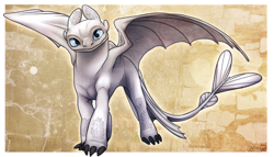 Size: 1024x586 | Tagged: safe, artist:goldylawk, nubless (httyd), dragon, fictional species, light fury (species), western dragon, dreamworks animation, how to train your dragon, 2d, blue sclera, colored sclera, female, solo, solo female, white body