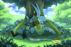 Size: 800x533 | Tagged: safe, artist:seyumei, fictional species, flygon, gardevoir, lucario, mammal, feral, nintendo, pokémon, 2022, 2d, 2d animation, ambiguous gender, ambiguous only, animated, cute, gif, group, plant, sleeping, tree, trio, trio ambiguous