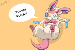 Size: 3000x2000 | Tagged: safe, artist:kuroodod, eeveelution, fictional species, mammal, sylveon, nintendo, pokémon, 2013, 2d, ambiguous gender, cute, dialogue, english text, high res, lying down, on back, open mouth, open smile, paw pads, paws, signature, simple background, smiling, solo, solo ambiguous, speech bubble, tail, talking, text