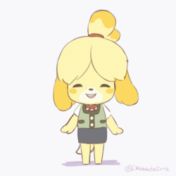 Size: 560x560 | Tagged: safe, artist:drabbitz, isabelle (animal crossing), canine, dog, mammal, shih tzu, anthro, animal crossing, nintendo, 2d, 2d animation, animated, cute, dancing, female, frame by frame, front view, looking at you, simple background, solo, solo female, white background