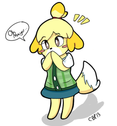 Size: 465x500 | Tagged: safe, artist:maskedpsycho, isabelle (animal crossing), canine, dog, mammal, shih tzu, anthro, animal crossing, nintendo, 2d, cute, dialogue, female, signature, simple background, solo, solo female, talking, white background