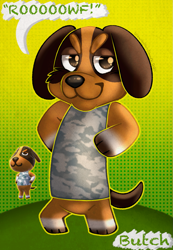 Size: 831x1200 | Tagged: dead source, safe, artist:sleepychi, canine, dog, mammal, rottweiler, semi-anthro, animal crossing, nintendo, 2d, butch (animal crossing), double outline, looking at you, male, solo, solo male
