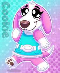 Size: 1158x1400 | Tagged: dead source, safe, artist:sleepychi, cookie (animal crossing), canine, dog, mammal, semi-anthro, animal crossing, nintendo, 2d, cute, double outline, female, looking at you, paw pads, paws, smiling, smiling at you, solo, solo female