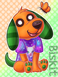 Size: 1049x1400 | Tagged: dead source, safe, artist:sleepychi, biskit (animal crossing), arthropod, butterfly, canine, dog, insect, mammal, semi-anthro, animal crossing, nintendo, 2d, cute, double outline, looking at you, male, open mouth, open smile, paw pads, paws, sitting, smiling, smiling at you, solo, solo male, vizsla
