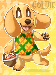 Size: 1049x1400 | Tagged: dead source, safe, artist:sleepychi, goldie (animal crossing), canine, dog, golden retriever, mammal, semi-anthro, animal crossing, nintendo, 2d, apple, basket, container, double outline, female, food, fruit, looking at you, open mouth, open smile, paw pads, paws, smiling, smiling at you, solo, solo female