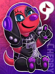 Size: 1049x1400 | Tagged: dead source, safe, artist:sleepychi, cherry (animal crossing), canine, dog, mammal, semi-anthro, animal crossing, nintendo, 2d, cute, double outline, female, headphones, headwear, musical note, paw pads, paws, sitting, smiling, solo, solo female