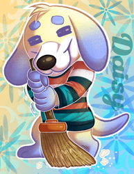 Size: 1081x1400 | Tagged: dead source, safe, artist:sleepychi, canine, dog, labrador, mammal, semi-anthro, animal crossing, nintendo, 2d, daisy (animal crossing), double outline, female, mop, smiling, solo, solo female, standing