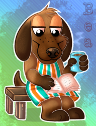 Size: 1145x1500 | Tagged: dead source, safe, artist:sleepychi, bea (animal crossing), beagle, canine, dog, mammal, semi-anthro, animal crossing, nintendo, 2d, book, cute, double outline, drink, female, hot chocolate, reading, sitting, smiling, solo, solo female