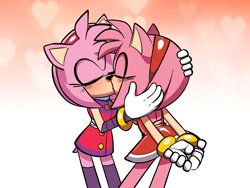 Size: 2500x1875 | Tagged: safe, artist:qqhoneydew_, amy rose (sonic), hedgehog, mammal, anthro, sega, sonic boom (series), sonic the hedgehog (series), 2022, alternate costume, anthro/anthro, arms behind back, black nose, blushing, bottomwear, bracelet, clothes, countershading, dress, duo, duo female, eulipotyphlan, eyelashes, eyes closed, female, female/female, females only, gloves, hair, hair accessory, hair band, hairband, hand on head, hands behind back, handwear, heart, heart background, jewelry, legwear, multicolored body, multicolored face, multicolored skin, multiple female, pink body, pink hair, pink skin, portrait, purple clothing, red clothes, red dress, self paradox, selfcest, shipping, short hair, short tail, side view, skin, standing, tail, tan body, tan countershading, tan skin, thigh highs, three-quarter view, two toned body, white gloves