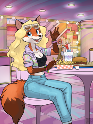 Size: 900x1200 | Tagged: safe, artist:jonas, oc, oc:stacy kotlowski, canine, fox, mammal, anthro, 80s, blonde hair, blue eyes, bottomwear, bracelet, brown body, brown fur, burger, cheese, clothes, cream body, cream fur, dairy products, digital art, drink, drinking straw, ears, female, food, food court, french fries, fur, glasses, glasses on head, gloves (arm marking), hair, indoors, jacket, jewelry, lettuce, looking at you, mall, meat, orange body, orange fur, pants, retro, sitting, solo, solo female, solo focus, sunglasses, sunglasses on head, tail, tank top, tomato, topwear, vegetables, vixen