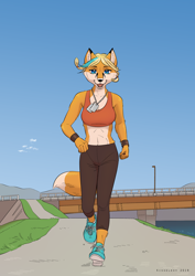 Size: 2480x3508 | Tagged: safe, artist:greenkittylexy, oc, oc only, canine, fox, mammal, anthro, blonde hair, blue eyes, bottomwear, bracelet, clothes, cream body, cream fur, digital art, dog tag, ears, female, fur, hair, highlights, jewelry, jogging, looking at you, orange body, orange fur, outdoors, pants, shoes, smiling, solo, solo female, tail, tank top, topwear, vixen