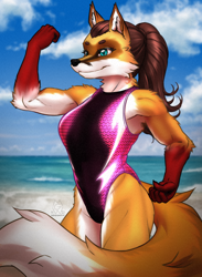 Size: 2928x4000 | Tagged: safe, artist:mykegreywolf, oc, oc only, oc:loxxie (lucierdasolari), canine, fox, mammal, anthro, 2022, biceps, big breasts, black nose, blue eyes, breasts, clothes, curvy, female, flexing, fluff, gloves (arm marking), hair, high res, mask (facial marking), muscles, muscular female, one-piece swimsuit, orange body, pale belly, ponytail, quadriceps, swimsuit, thick thighs, thighs, thong swimsuit