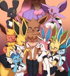 Size: 1280x1387 | Tagged: safe, artist:burgerkiss, oc, oc:mompunny, oc:vee, eevee, eeveelution, espeon, fictional species, flareon, glaceon, jolteon, leafeon, lopunny, mammal, sylveon, umbreon, vaporeon, anthro, nintendo, pokémon, 2022, arm fluff, belly button, big breasts, black nose, bottomwear, breasts, brother, brother and sister, clothes, digital art, dominant, dominant female, ears, eyelashes, eyes closed, female, fins, fluff, fur, glasses, hair, incest, male, mature, mature female, mocking, neck fluff, nerd, open mouth, pants, ribbons (body part), round glasses, school uniform, schoolgirl, shirt, siblings, side view, sideboob, sister, sisters, size difference, skirt, submissive, submissive male, tail, teasing, thighs, tongue, topwear, tsundere, unamused, wide hips, yandere