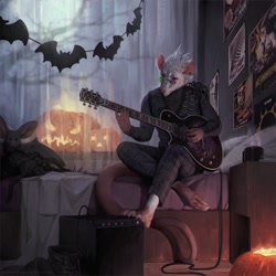 Size: 1750x1750 | Tagged: safe, artist:honovy, oc, oc only, mammal, rat, rodent, anthro, bed, bottomwear, clothes, ears, fur, glasses, guitar, hair, halloween, holiday, indoors, jack-o-lantern, male, mug, murine, musical instrument, pants, paws, poster, pumpkin, sitting, solo, solo male, sweater, tail, topwear, white body, white fur, white hair