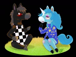 Size: 1280x960 | Tagged: safe, artist:badgerinvader, julian (animal crossing), roscoe (animal crossing), equine, fictional species, horse, mammal, unicorn, semi-anthro, animal crossing, nintendo, 2d, black background, blushing, duo, duo male, eyes closed, grass, male, male/male, males only, simple background, sitting