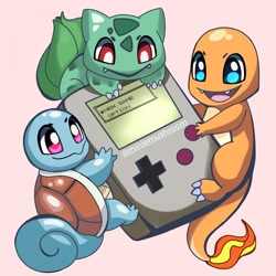Size: 1280x1280 | Tagged: safe, artist:miniemushroom, bulbasaur, charmander, fictional species, squirtle, feral, game boy, nintendo, pokémon, 2d, ambiguous gender, ambiguous only, cute, group, open mouth, open smile, pink background, simple background, smiling, starter pokémon, trio, trio ambiguous