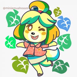Size: 1280x1280 | Tagged: safe, artist:miniemushroom, isabelle (animal crossing), canine, dog, mammal, shih tzu, semi-anthro, animal crossing, nintendo, 2d, cute, female, looking at you, one eye closed, open mouth, open smile, smiling, smiling at you, solo, solo female, winking
