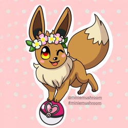 Size: 1280x1280 | Tagged: safe, artist:miniemushroom, eevee, eeveelution, fictional species, mammal, feral, nintendo, pokémon, 2d, ambiguous gender, cute, double outline, looking at you, one eye closed, open mouth, open smile, smiling, smiling at you, solo, solo ambiguous, winking