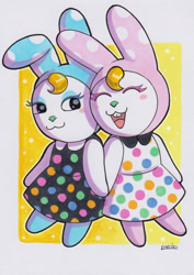 Size: 1237x1744 | Tagged: safe, artist:lupinbun, chrissy (animal crossing), francine (animal crossing), lagomorph, mammal, rabbit, semi-anthro, animal crossing, nintendo, 2d, bottomwear, clothes, dress, duo, duo female, eyes closed, female, females only, open mouth, open smile, siblings, sister, sisters, smiling, traditional art