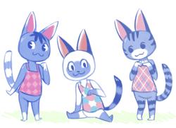 Size: 828x598 | Tagged: safe, artist:reality_undoer, lolly (animal crossing), mitzi (animal crossing), rosie (animal crossing), cat, feline, mammal, semi-anthro, animal crossing, nintendo, 2d, cute, female, females only, looking at you, simple background, smiling, smiling at you, trio, trio female, white background