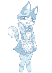 Size: 500x700 | Tagged: safe, artist:reality_undoer, moe (animal crossing), cat, feline, mammal, anthro, animal crossing, nintendo, 2d, blue and white, bottomwear, clothes, crossdressing, dress, looking at you, male, monochrome, simple background, solo, solo male, white background