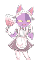 Size: 287x439 | Tagged: safe, artist:reality_undoer, bob (animal crossing), cat, feline, mammal, anthro, animal crossing, nintendo, 2d, blushing, clothes, crossdressing, looking at you, maid outfit, male, mop, simple background, solo, solo male, white background