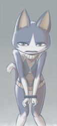 Size: 332x733 | Tagged: safe, artist:reality_undoer, rover (animal crossing), cat, feline, mammal, anthro, animal crossing, nintendo, 2d, bdsm, gray background, looking at you, low res, male, simple background, solo, solo male