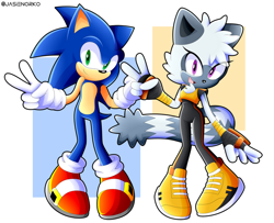 Size: 1024x833 | Tagged: safe, artist:jasienorko, collaboration, sonic the hedgehog (sonic), tangle the lemur (sonic), hedgehog, lemur, mammal, primate, ring-tailed lemur, idw sonic the hedgehog, sega, sonic the hedgehog (series), 2020, black nose, blue body, bodysuit, clothes, contest, duo, female, fingerless gloves, fur, gesture, gloves, gradient background, gray body, gray fur, gray hair, green eyes, hair, male, multicolored body, multicolored tail, open mouth, peace sign, purple eyes, shoes, tail, tan body, tight clothing, tongue, two toned body, watermark, white gloves
