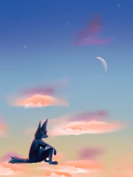 Size: 1536x2048 | Tagged: safe, artist:fanghaunt, canine, mammal, anthro, bottomwear, clothes, cloud, ears, fur, hair, male, moon, paws, shirt, shorts, sitting, sky, solo, solo male, stars, tail, topwear