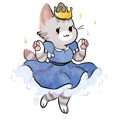 Size: 655x648 | Tagged: safe, artist:eatflan, lolly (animal crossing), cat, feline, mammal, semi-anthro, animal crossing, nintendo, 2d, bottomwear, clothes, crown, cute, dress, female, headwear, jewelry, paw pads, paws, puffy sleeves, regalia, simple background, smiling, solo, solo female, white background