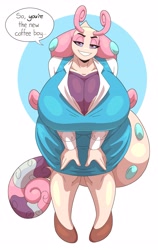 Size: 1775x2800 | Tagged: safe, artist:slightlysimian, fictional species, goodra, hybrid, milotic, anthro, nintendo, pokémon, big tail, breasts, business lady, cleavage, female, huge breasts, leaning forward, solo, solo female, tail, thick thighs, thighs, wide hips