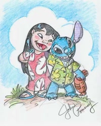 Size: 528x660 | Tagged: safe, artist:john pomeroy, lilo pelekai (lilo & stitch), stitch (lilo & stitch), alien, experiment (lilo & stitch), fictional species, human, mammal, anthro, disney, lilo & stitch, 2022, 4 toes, aloha shirt, bangs, blue body, blue fur, blue nose, blush sticker, bottomless, child, clothes, dress, duo, ears, female, fur, hair, holding, holding object, holding weapon, long hair, looking at each other, male, muumuu, nudity, open mouth, open smile, partial nudity, plasma blaster, plasma gun, sandals, shirt, shoes, signature, smiling, topwear, torn ear, traditional art, weapon, young