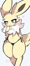 Size: 946x2048 | Tagged: suggestive, artist:koivyx, eeveelution, fictional species, jolteon, mammal, anthro, nintendo, pokémon, bipedal, black panties, clothes, female, fluff, fur, gray eyes, looking at you, neck fluff, open mouth, panties, simple background, solo, solo female, standing, underwear, white background, white body, white fur, yellow body, yellow fur