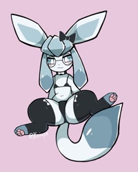 Size: 1125x1407 | Tagged: suggestive, artist:koivyx, eeveelution, fictional species, glaceon, mammal, anthro, nintendo, pokémon, 2022, black bra, black panties, black stockings, blue body, blue fur, bow, clothes, digital art, female, flat chest, fur, glasses, hair bow, lavender background, paw pads, paws, pink paw pads, purple background, raised leg, round glasses, simple background, sitting, solo, solo female, spread legs