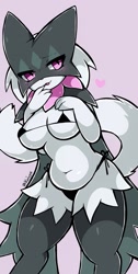 Size: 1125x2227 | Tagged: suggestive, artist:koivyx, feline, fictional species, mammal, meowscarada, anthro, nintendo, pokémon, spoiler:pokémon gen 9, spoiler:pokémon scarlet and violet, 2022, artist name, belly button, black bra, black panties, breasts, clothes, cowboy shot, digital art, female, hand on breast, looking aside, panties, pink background, pink eyes, simple background, slightly chubby, solo, solo female, starter pokémon, thick thighs, thighs, underwear