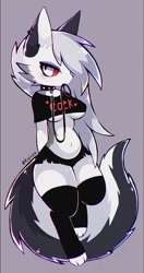 Size: 1125x2133 | Tagged: safe, artist:koivyx, loona (vivzmind), canine, fictional species, hellhound, mammal, anthro, digitigrade anthro, hazbin hotel, helluva boss, artist name, belly button, bipedal, black ears, black nose, black shirt, black stockings, breasts, clothes, colored sclera, female, fur, goth, gray background, gray hair, hair, hair over one eye, holding, holding leash, kemono, leash in mouth, mouth hold, red sclera, shirt, simple background, solo, solo female, standing, text, text on clothing, text on shirt, topwear, white body, white eyes, white fur