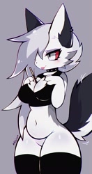 Size: 1097x2070 | Tagged: suggestive, artist:koivyx, loona (vivzmind), canine, fictional species, hellhound, mammal, anthro, hazbin hotel, helluva boss, 2022, belly button, black bra, black collar, black tail, black topwear, blep, bottomless, breasts, cheek fluff, cleavage, colored sclera, cowboy shot, digital art, featureless crotch, female, fluff, fur, gray background, gray hair, hair, hair over one eye, kemono, nudity, partial nudity, red sclera, simple background, smiling, solo, solo female, tail, thick thighs, thighs, three-quarter view, tongue, tongue out, white body, white eyes, white fur