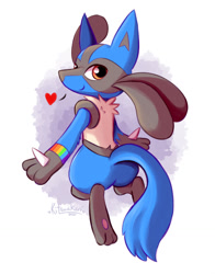 Size: 1002x1280 | Tagged: safe, artist:kitsuakari_art, fictional species, lucario, mammal, feral, nintendo, pokémon, 2d, cute, heart, looking at you, looking back, looking back at you, male, smiling, smiling at you, solo, solo male