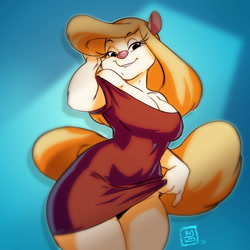 Size: 1500x1500 | Tagged: safe, artist:rayjay, minerva mink (animaniacs), mammal, mink, mustelid, anthro, animaniacs, warner brothers, bedroom eyes, big breasts, blonde hair, bottomwear, breasts, cleavage, clothes, dress, dress lift, female, hair, hand behind head, lifting skirt, looking at you, looking down, looking down at you, red dress, seductive, smiling, smiling at you, solo, solo female, thick thighs, thighs, wide hips