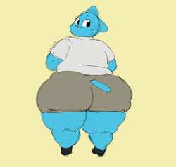 Size: 1914x1819 | Tagged: suggestive, artist:calebcaribou, nicole watterson (tawog), cat, feline, mammal, anthro, cartoon network, the amazing world of gumball, 2022, 2d, 2d animation, animated, black eyes, blinking, blue body, blue fur, bottomwear, breasts, clothes, eyelashes, fat, fat fetish, female, frame by frame, fur, gif, hyper, hyper belly, hyper breasts, hyper butt, looking at you, looking back, looking back at you, morbidly obese, shirt, shoes, sideboob, simple background, skirt, solo, solo female, t-shirt, topwear, whiskers, yellow background