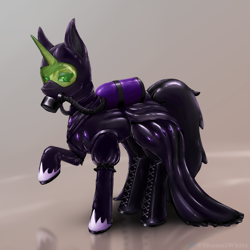 Size: 1000x1000 | Tagged: safe, artist:shamziwhite, oc, oc only, oc:chloe adore, equine, fictional species, mammal, pony, unicorn, feral, boots, clothes, female, fullbody suit, gas mask, hooves, latex, latex dress, long dress, shoes, solo, solo female, standing
